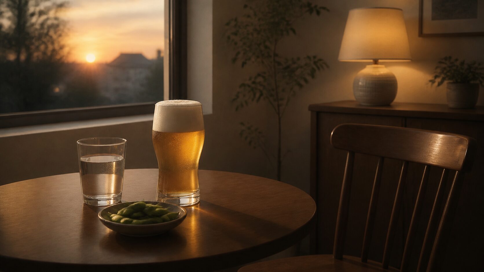 夕暮れの小さなテーブル。泡のきれいなビール1杯と水と枝豆