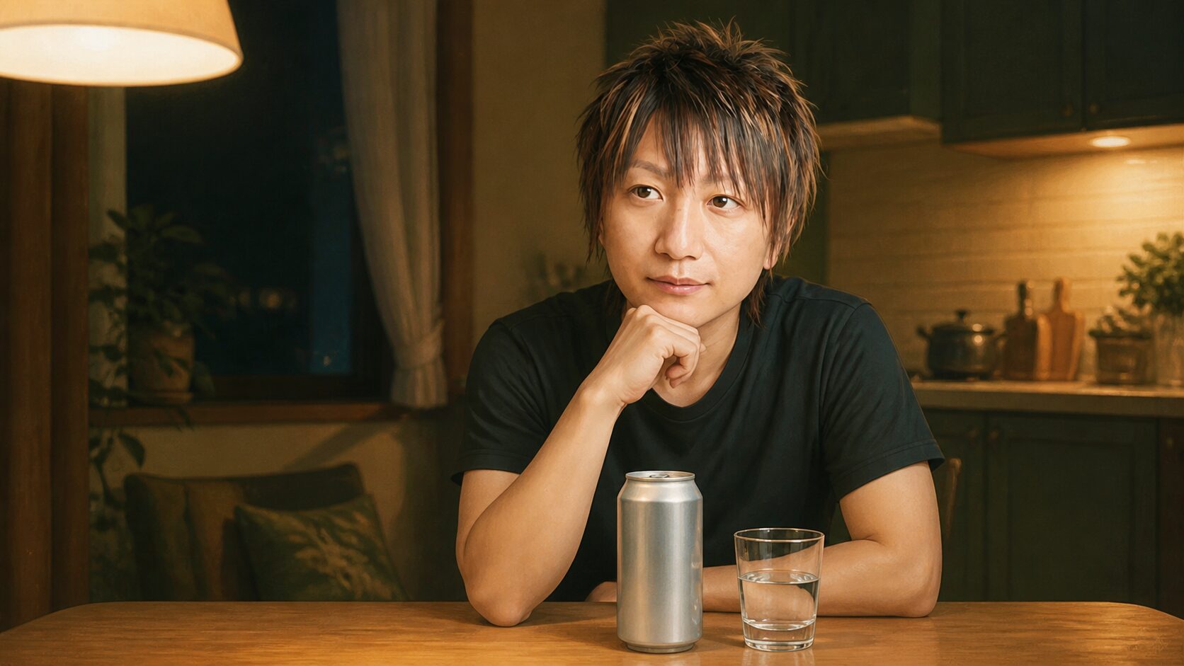 アイキャッチ：夜の食卓。無地の缶ビールを1本置いて眺める筆者