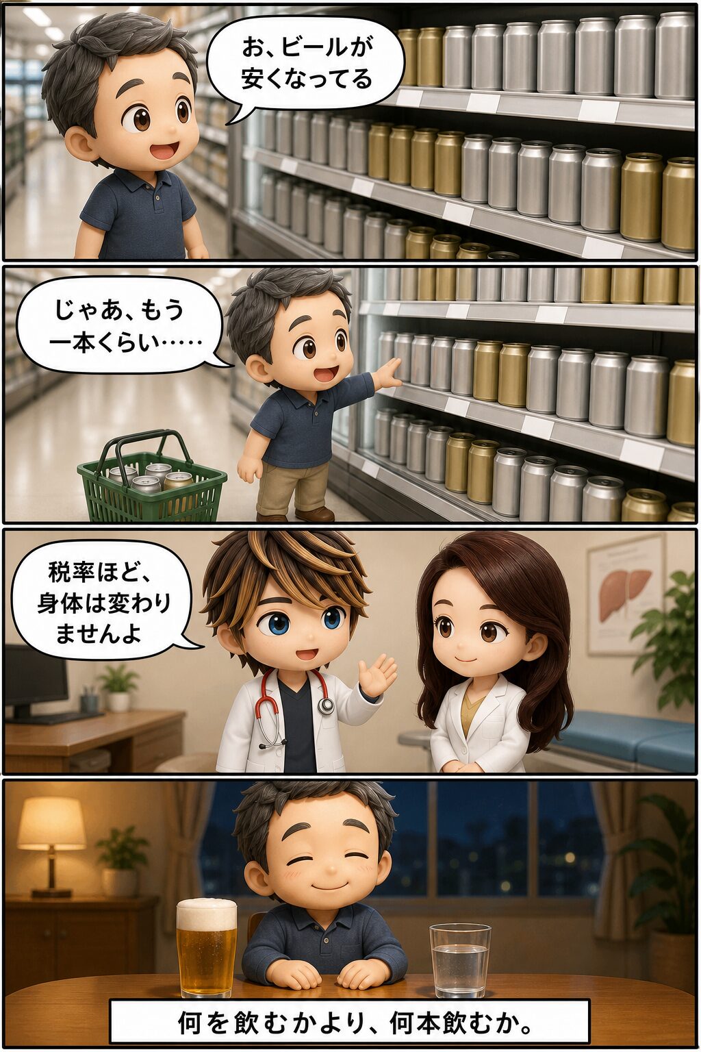 4コマ漫画（縦・上から下へ）：①「お、ビールが安くなってる」②「じゃあ、もう一本くらい……」③医師2人「税率ほど、身体は変わりませんよ」④1杯をゆっくり「何を飲むかより、何本飲むか。」
