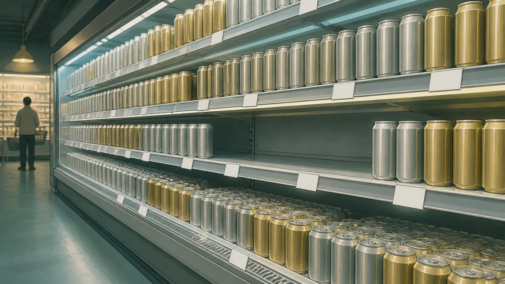 スーパーのビール売り場。無地の缶が並ぶ棚と、新しく組み替えられた陳列