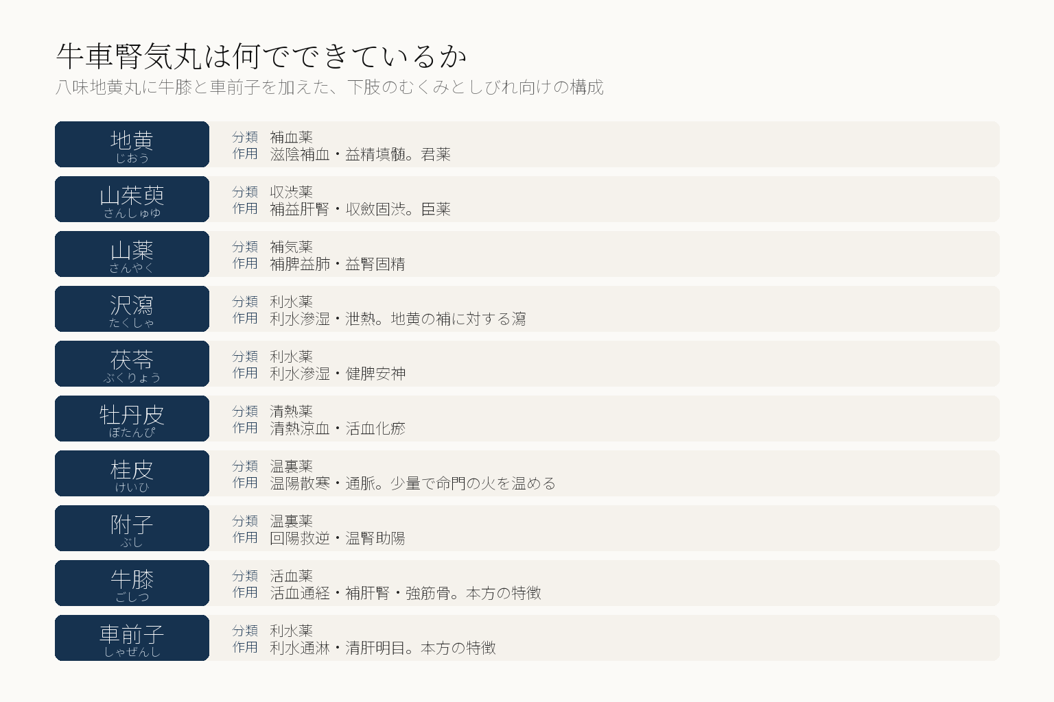 牛車腎気丸の構成生薬10味の図。地黄が君薬、山茱萸が臣薬、山薬は補気薬、沢瀉と茯苓と車前子は利水薬、牡丹皮は清熱薬、桂皮と附子は温裏薬、牛膝は活血薬。牛膝と車前子が本方の特徴
