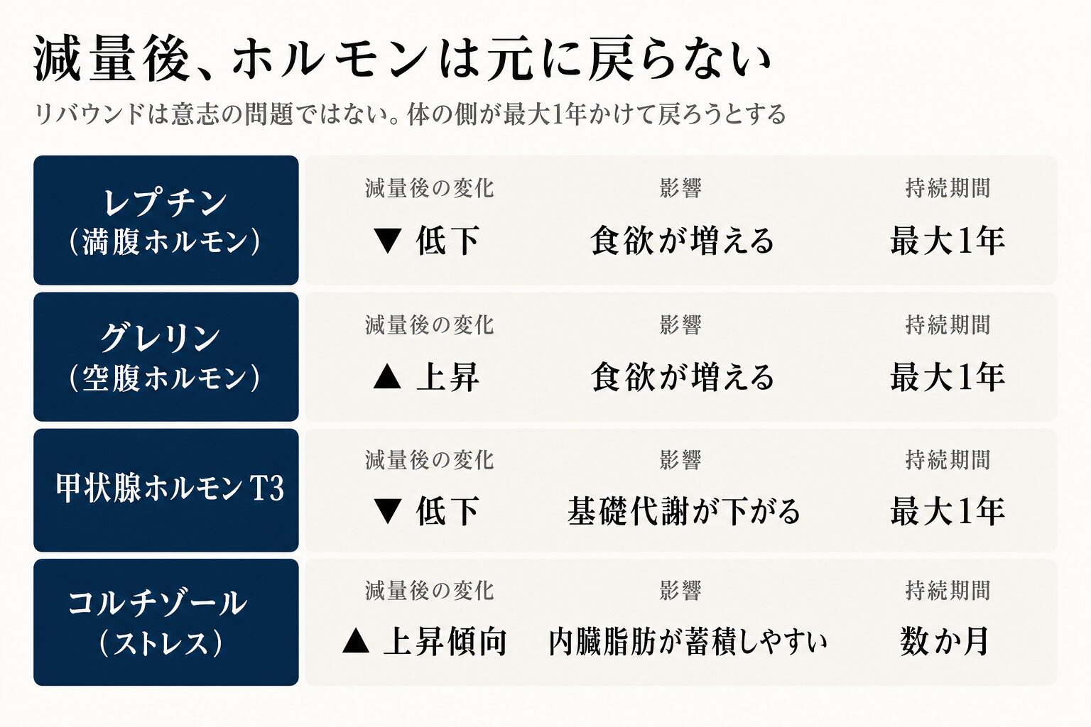 減量後のホルモン変化の図。レプチンは低下し食欲が増え最大1年持続、グレリンは上昇し食欲が増え最大1年、甲状腺ホルモンT3は低下し基礎代謝が下がり最大1年、コルチゾールは上昇傾向で内臓脂肪が蓄積しやすく数か月