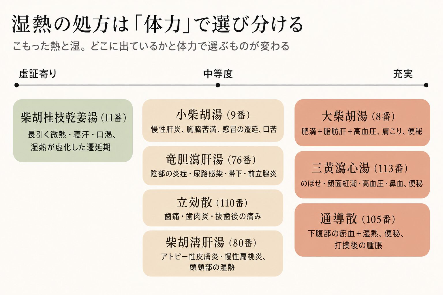 湿熱の処方を体力で選び分ける図。虚証寄りは柴胡桂枝乾姜湯11番、中等度は小柴胡湯9番と竜胆瀉肝湯76番と立効散110番と柴胡清肝湯80番、充実は大柴胡湯8番と三黄瀉心湯113番と通導散105番