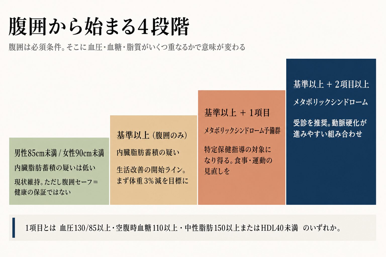 腹囲から始まる4段階の図。男性85cm未満・女性90cm未満は内臓脂肪蓄積の疑いは低い、基準以上で腹囲のみは生活改善の開始ライン、基準以上プラス1項目はメタボリックシンドローム予備群、基準以上プラス2項目以上はメタボリックシンドロームで受診を推奨