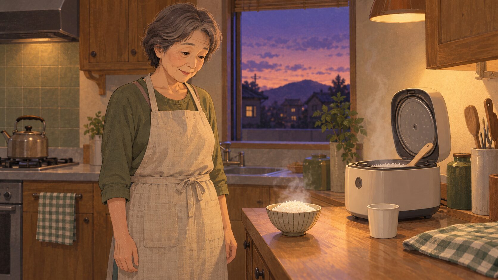 夕方の台所。炊飯器の湯気の向こうで、茶わんを前に穏やかに立つ女性