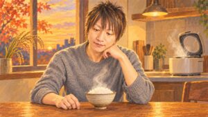 アイキャッチ：炊きたてのごはんの湯気を前に、茶わんを見つめる筆者