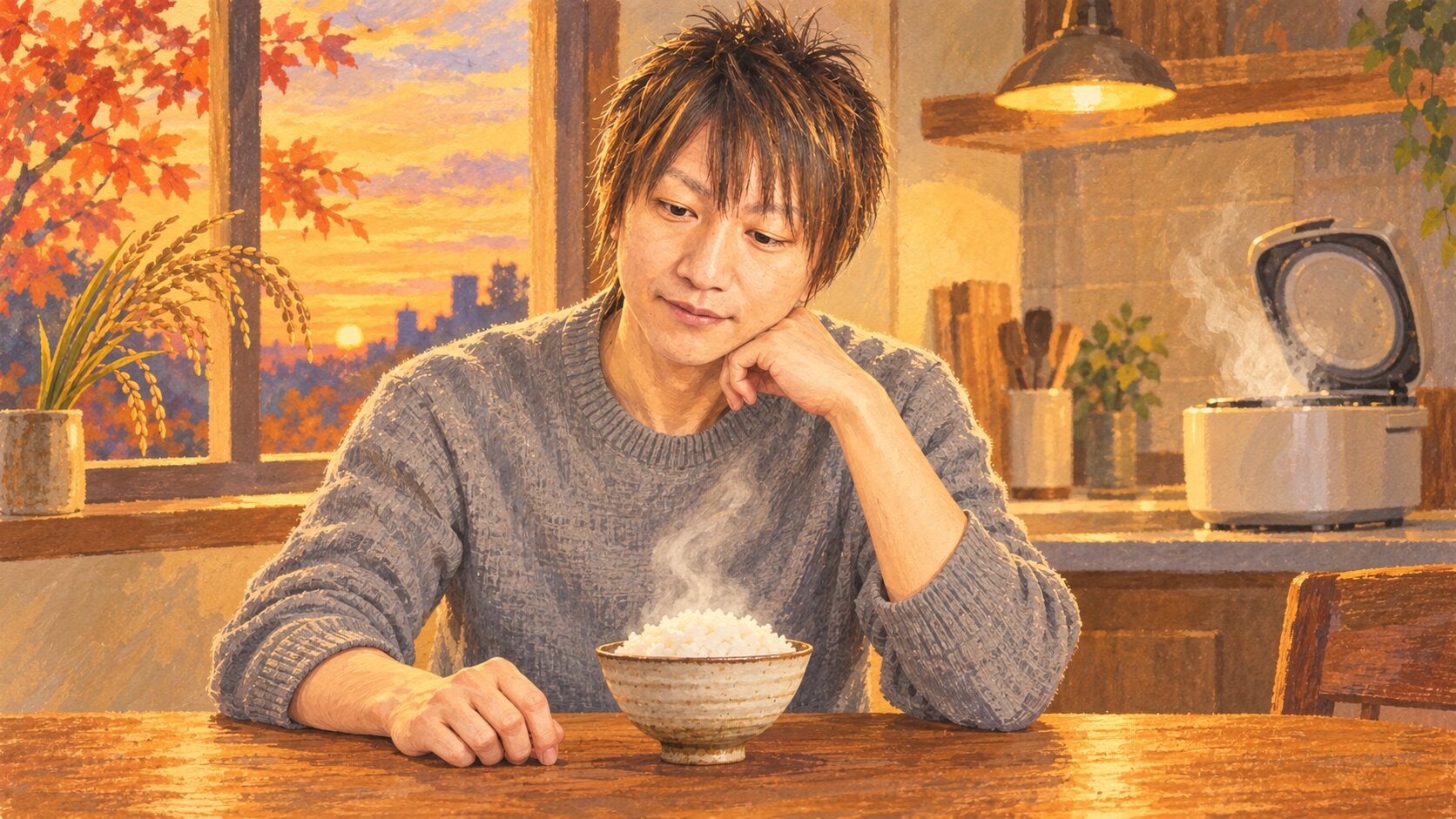 アイキャッチ：炊きたてのごはんの湯気を前に、茶わんを見つめる筆者