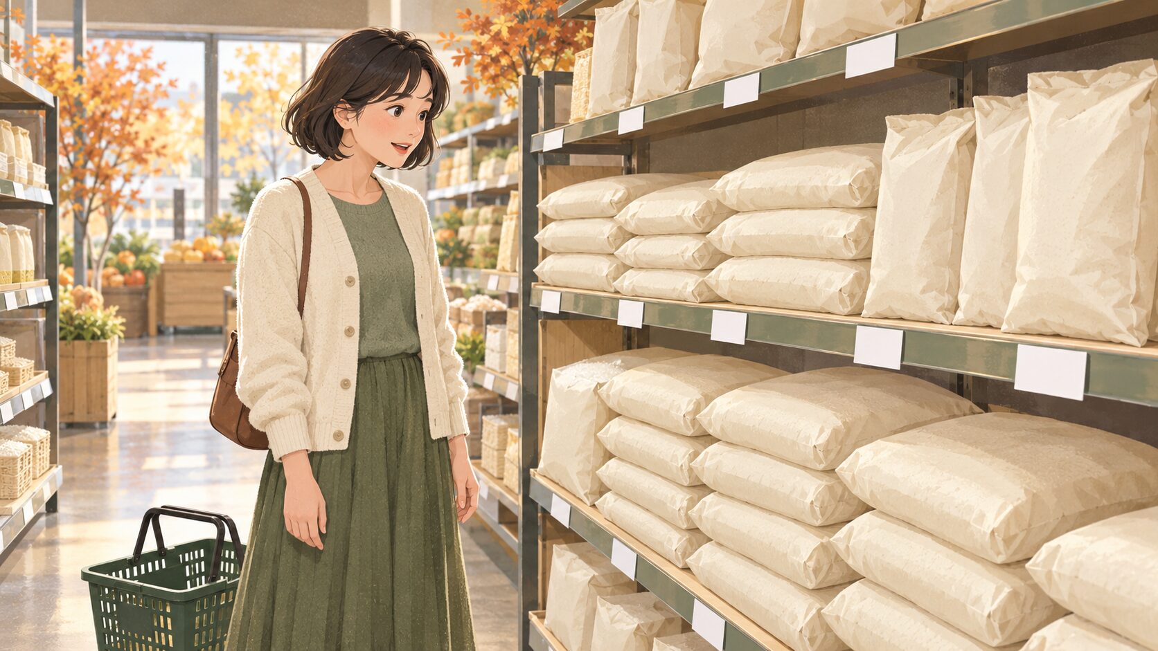 スーパーの米売り場。積まれた無地の米袋の前で、棚の値札をのぞき込む女性