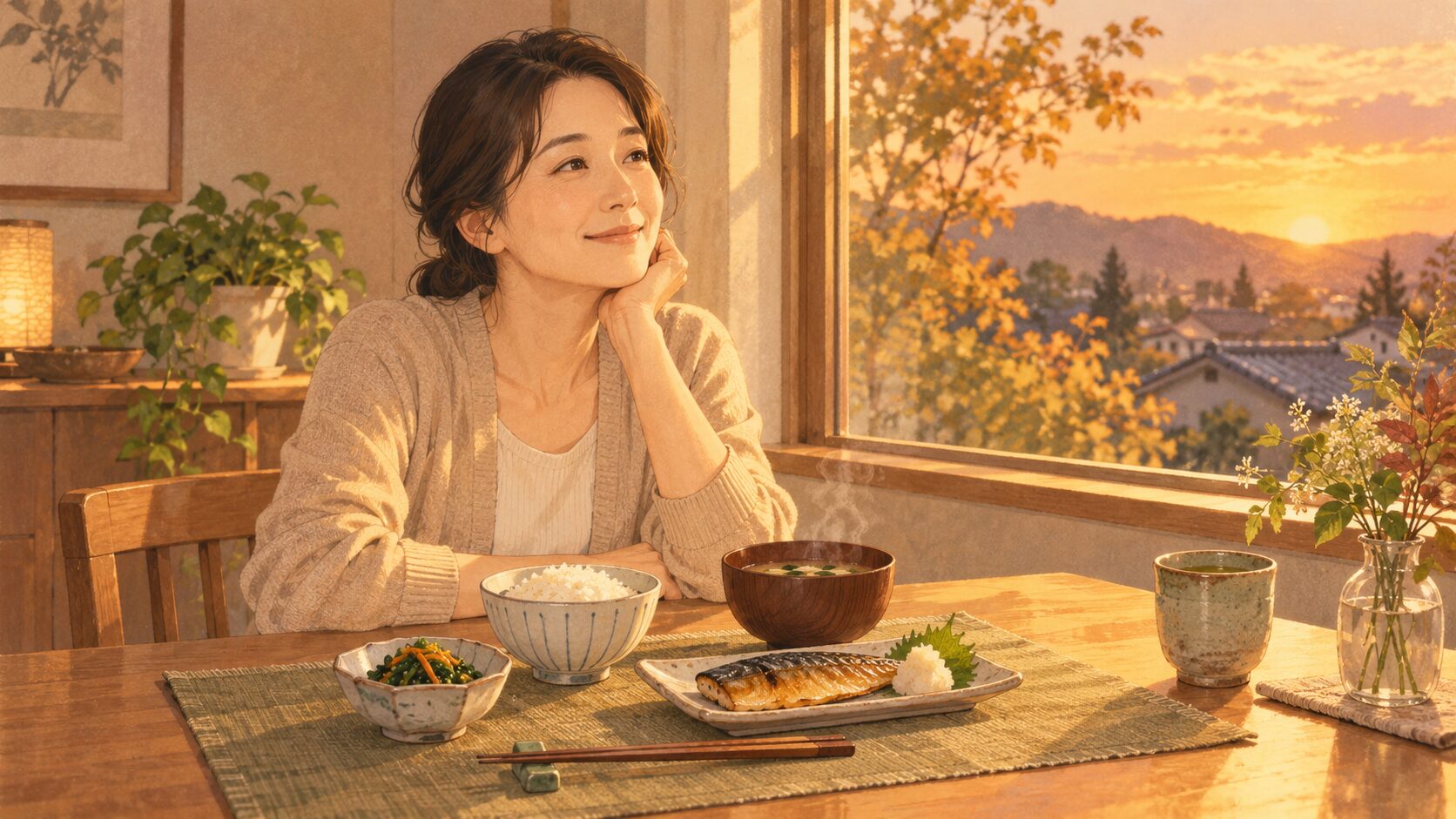夕方の食卓。ごはんと味噌汁と焼き魚の定食を前に、窓の外へ穏やかに目を向ける40代の女性
