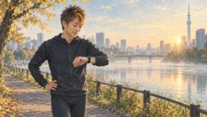 アイキャッチ：秋の朝の川沿い。走り終えて呼吸を整えながら、手首の時計に目を落とす筆者
