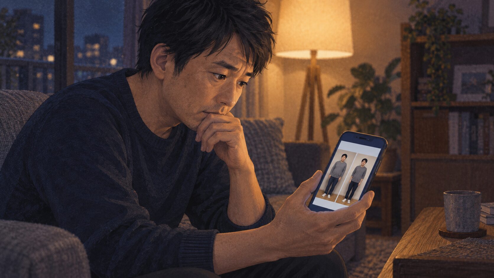 夜のソファで、同じ人物の体型を左右に並べた投稿をスマートフォンで眺める40代の男性
