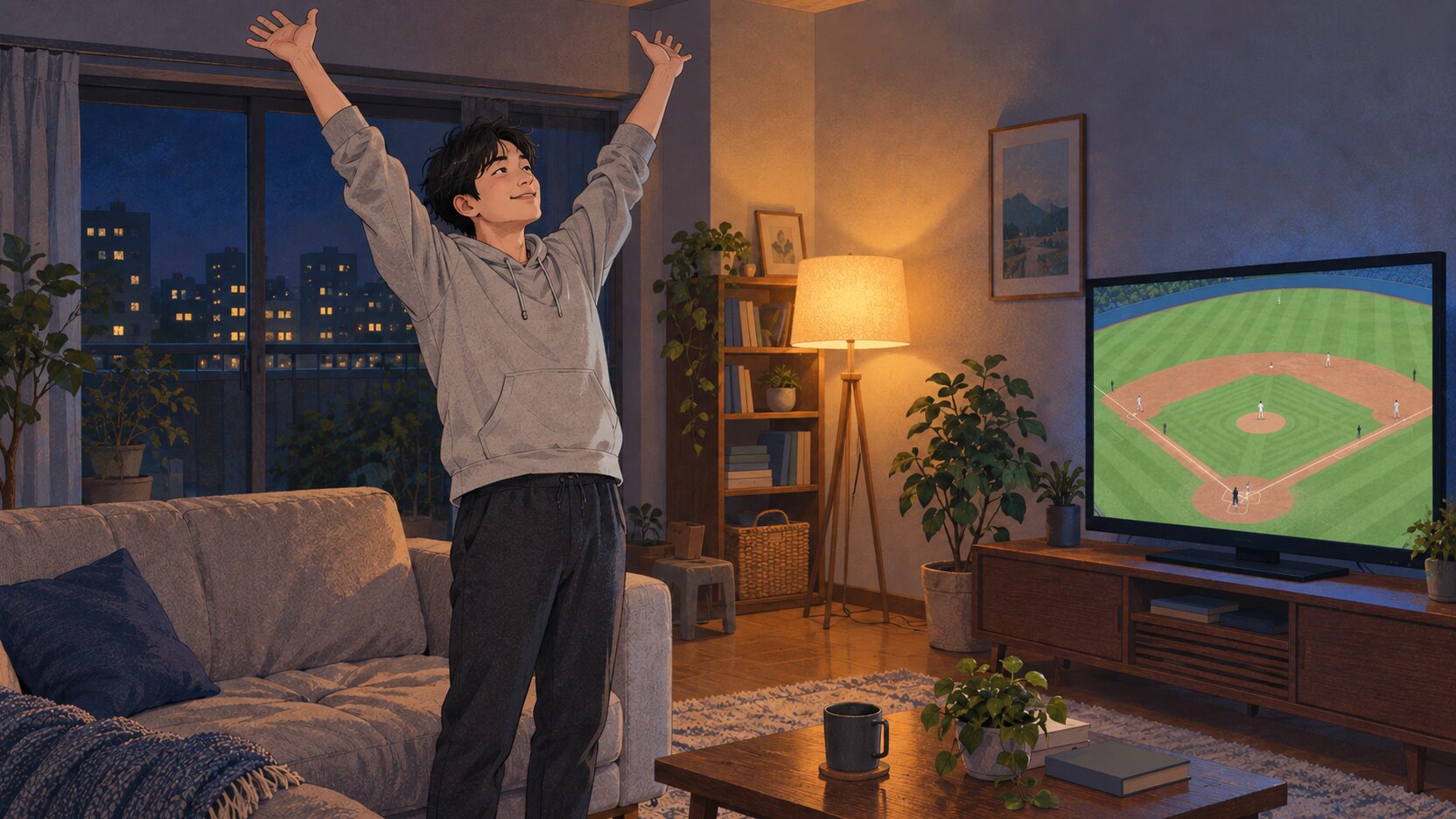 アイキャッチ：夜のリビング。野球中継が映るテレビの前で、ソファから立ち上がって大きく伸びをする30代の男性