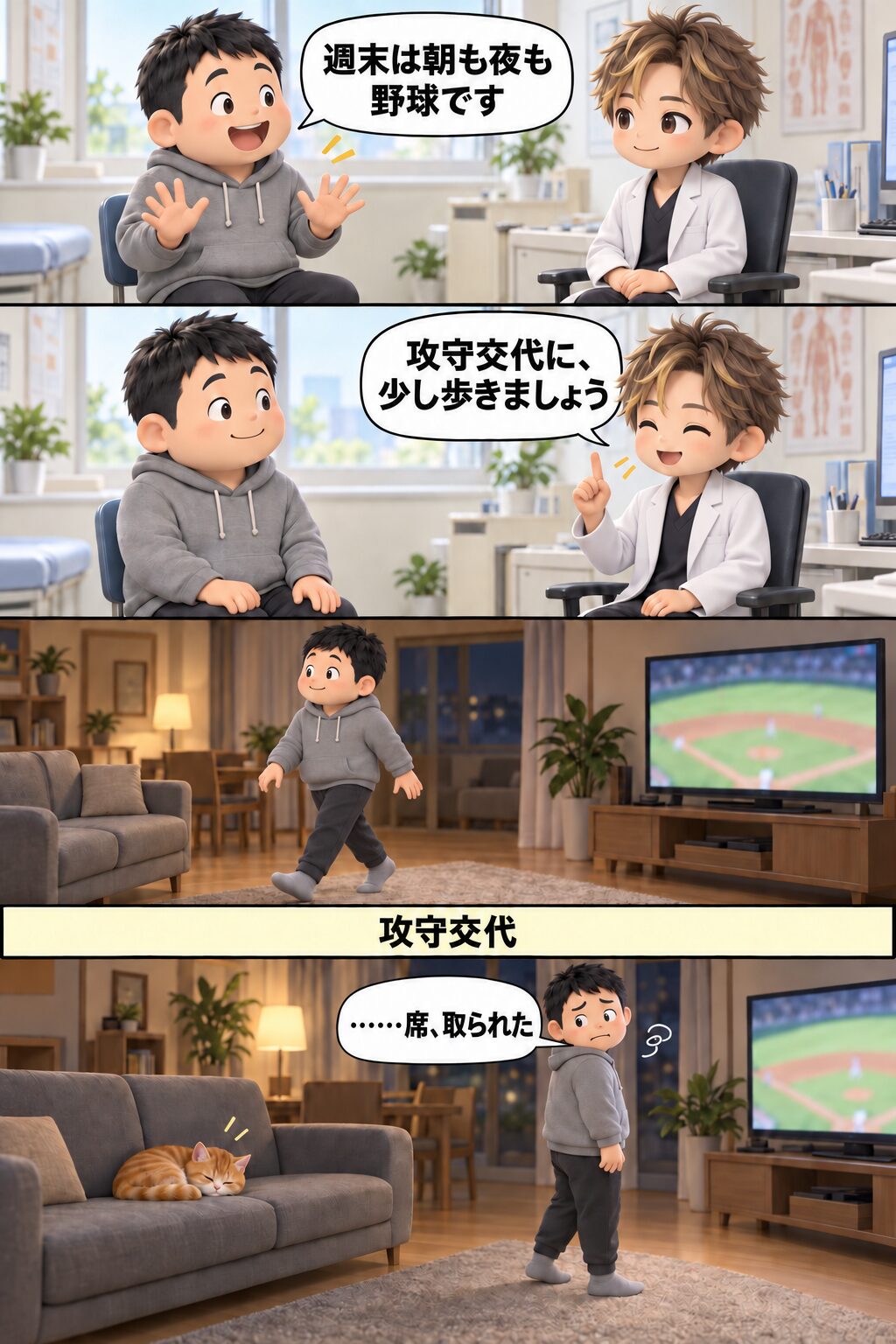 4コマ漫画（縦・上から下へ）：①診察室で男性患者が週末は朝も夜も野球だと話す②医師が指を1本立てて、攻守交代に少し歩こうと提案する③夜の自宅、男性がテレビから離れて部屋を歩く④振り向くとソファの座面で猫が丸くなって眠っていて、男性が席を取られたとつぶやく